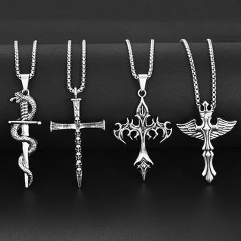 European and American cross-border fashion creative new personalized exaggerated stitching snake and sword pendant cross necklace jewelry