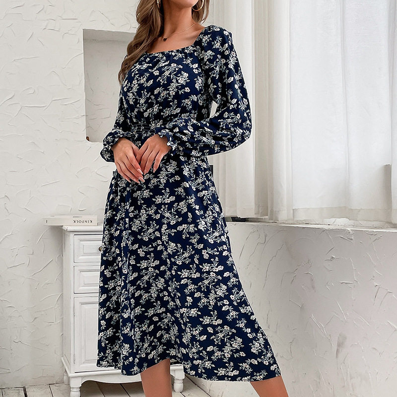 Blue Floral Off Shoulder Dress Long Sleeve Stylish Autumn Fashion Wholesale Available private label