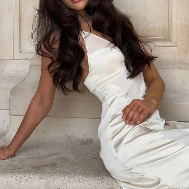 Summer Womens Satin V Neck Maxi Dress Slim Fit Elegant Waist Defining Perfect for Parties and Special Occasions