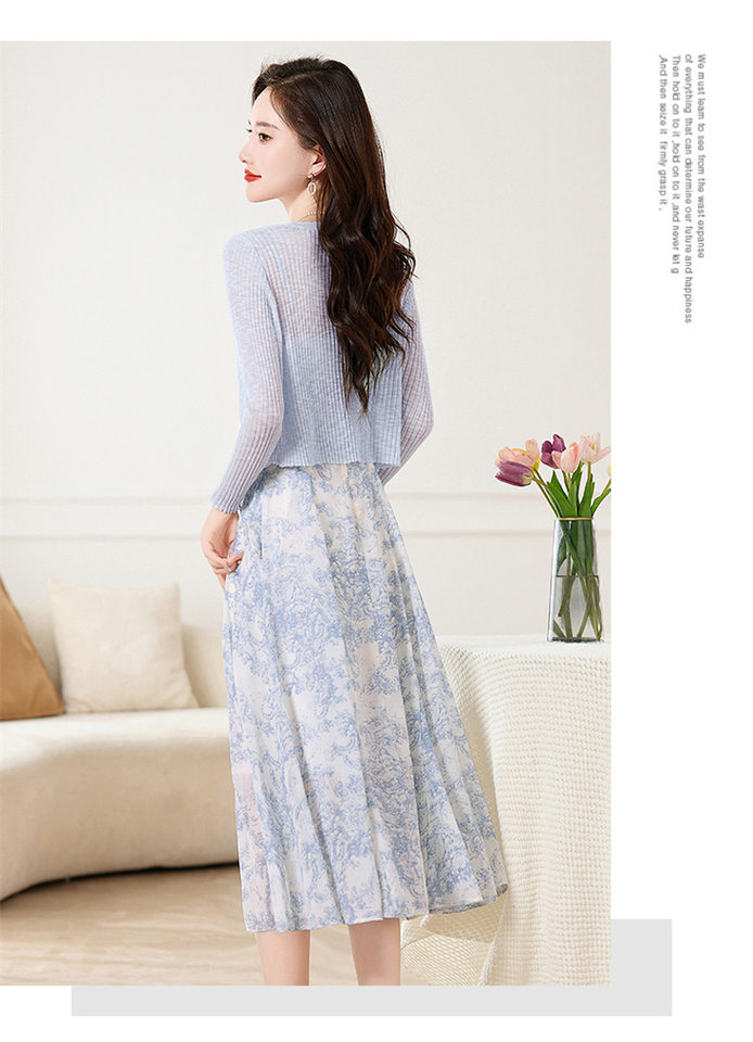 Set Áo Khoác Cardigan Dệt Kim Và Đầm Hai Dây Xòe Họa Tiết Hoa Phong Cách Thanh Lịch Màu Hồng, Xanh chi tiết 25