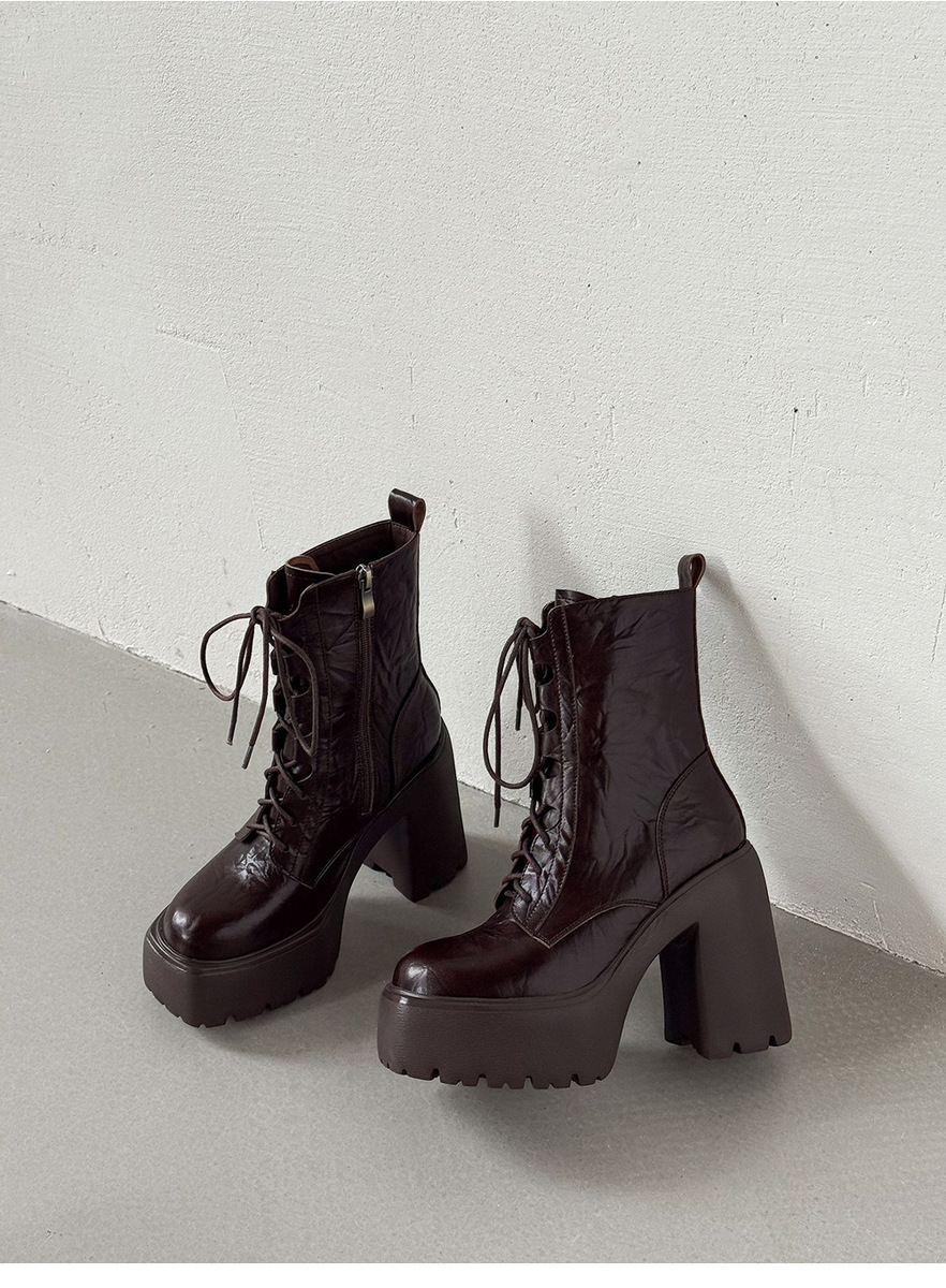 Boot nữ da bò gót thô 12cm cổ thấp khóa kéo bên hông tôn dáng — Lớp lót đơn màu đen, Lớp lót đơn màu nâu, Lót nhung đen, Lót nhung màu nâu