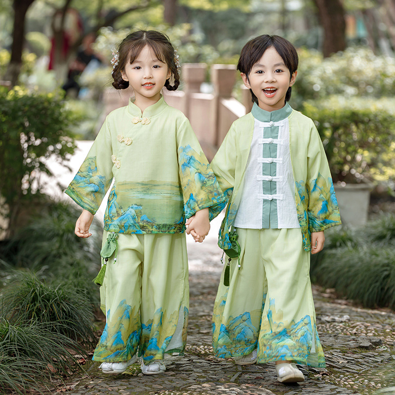 儿童古代汉服女童中秋节绿色幼儿园国庆小学生朗诵长袖男童表演服