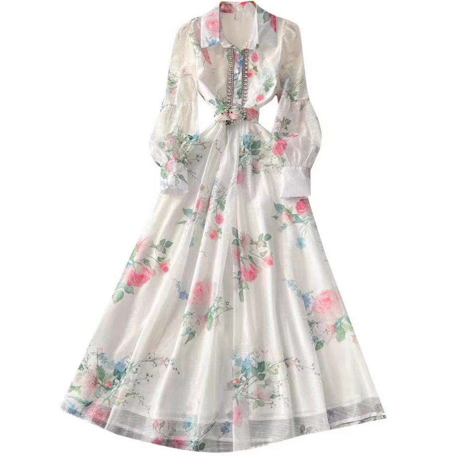 French Style Floral Hollow Out Long Sleeve Dress for Women Slim Fit A Line Elegant Spring Season Wholesale Available