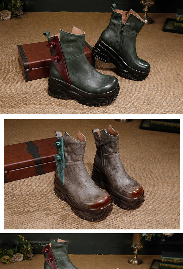 Boot nữ cổ thấp da bò thật đế dày tôn dáng thủ công — màu xám, xanh lá cây