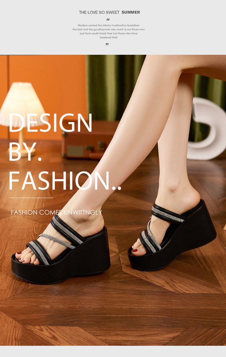 Dép sandal nữ đế dày platform gót 10 cm mũi tròn phong cách đơn giản — Đen, Len nguyên chất chi tiết 9