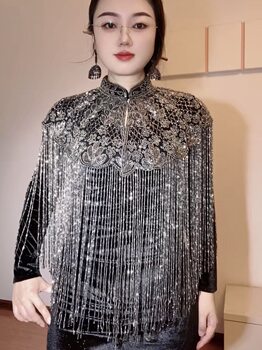 Indian Heavy-Duty Beaded Shawl with Long Tassels, Cheongsam Cloud Shoulder, Hand-Beaded Fashion Show Studio, Ancient Style Shawl