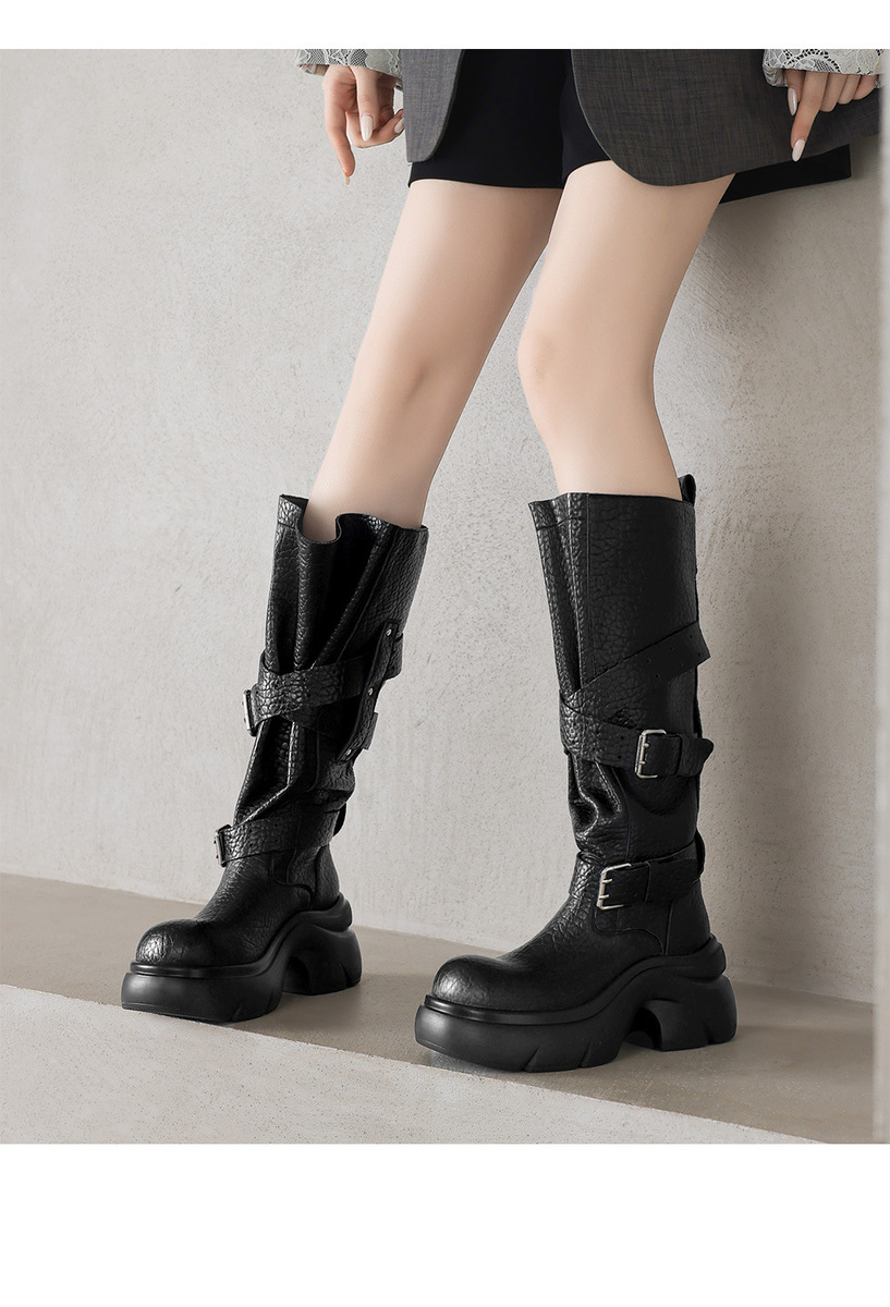 Boot nữ da bò cổ cao gót thô đế dày khóa thắt lưng — Lớp lót lông cừu giữa bắp chân màu đen, Tất đen đến bắp chân, lót một lớp., Lớp lót đơn ống dài màu đen, Lớp lót nhung dài màu đen