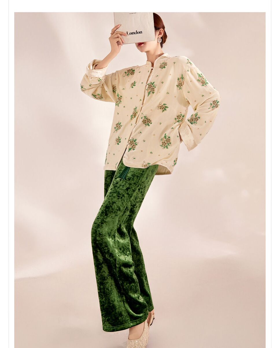Áo sơ mi nữ lụa tơ tằm cổ đứng cài khuy kiểu cardigan thêu hoa — Dương Tây Đỏ (Giao Hàng Ngay)