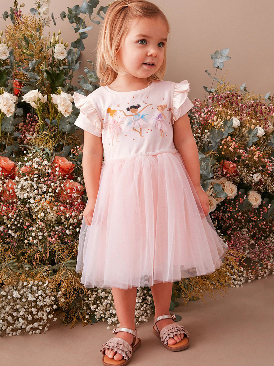 [Style] Tulle Princess Dress, Summer Cartoon Girls' Skirt, Short-sleeve Cotton Kids' Dress