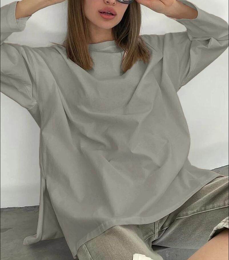 Loose Fit Long Sleeve Split T Shirt for Women 100 Cotton Solid Color Casual Style Spring Summer Collection