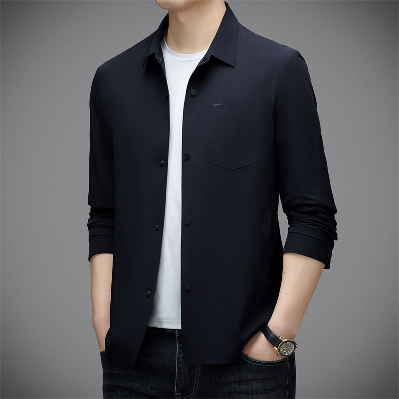 Áo Khoác Nam Trung Niên Mỏng Dáng Rộng Cổ Bẻ Màu Xanh Navy, Be
