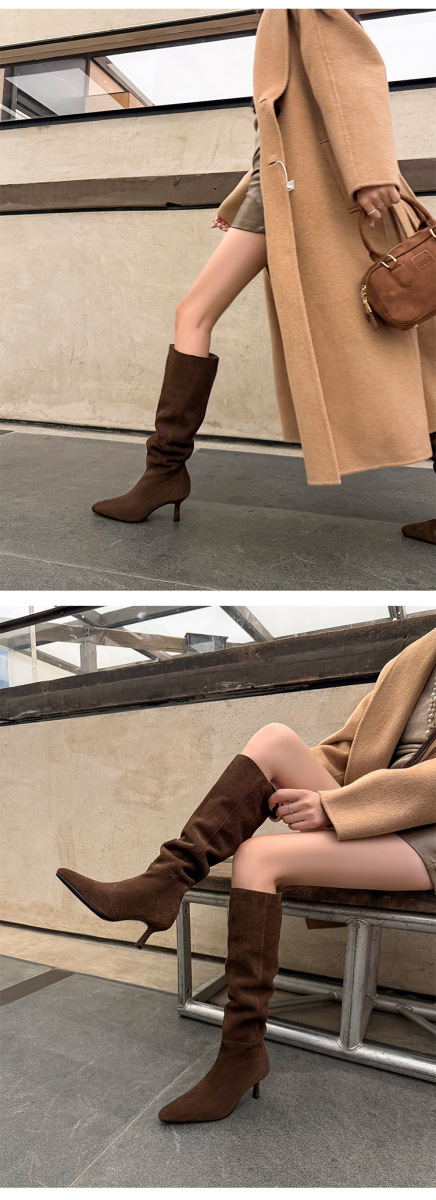 Boot nữ cổ cao mũi nhọn gót nhọn 6.5cm da lộn bò — Lớp lót đơn màu nâu, Lớp lót đơn màu xám, Lót nhung màu nâu, Lót nhung màu xám