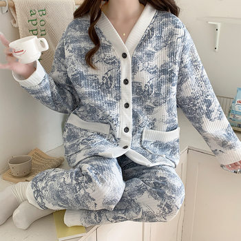 Air cotton confinement clothing spring and autumn thickened postpartum maternity nursing maternity pajamas autumn and winter plus size