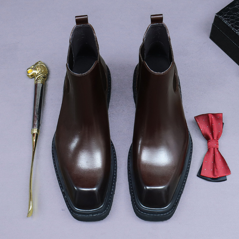 Boot Chelsea nam da bò cổ thấp đế dày phong cách công sở — Lớp lót lông cừu màu nâu cà phê, Màu đen, Lót lông cừu màu đen, Màu cà phê