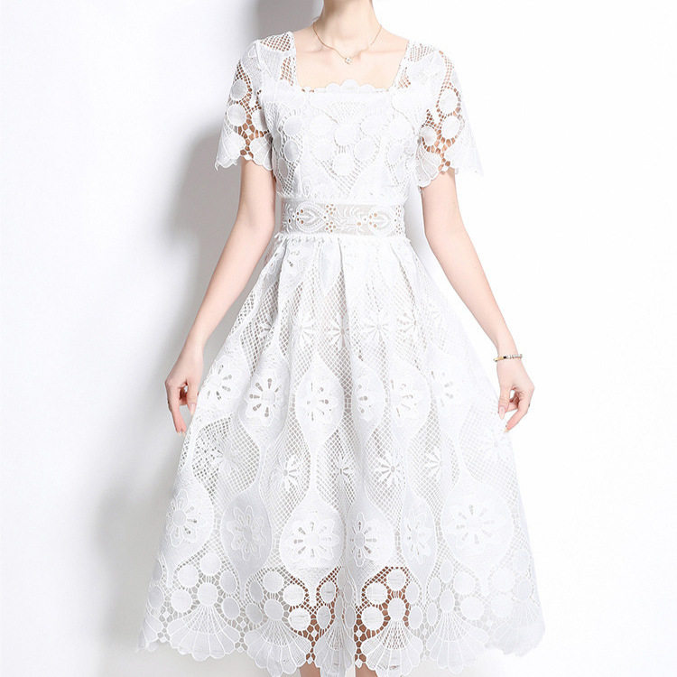 Elegant Short Sleeve Lace Dress for Women High End Fashion Hollow Out Waist Defining French Style Perfect for