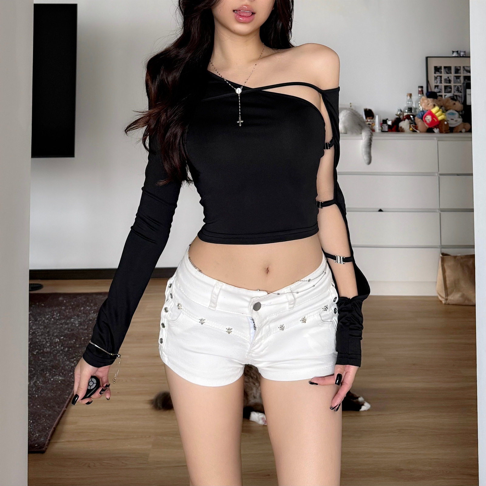 Womens Long Sleeve T Shirt Sexy Irregular Asymmetrical Neckline Hollow Out Design Slim Fit Autumn Fashion