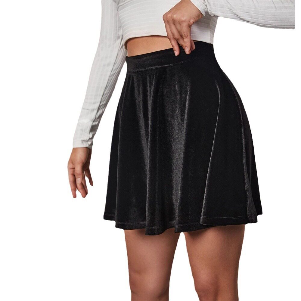 Velvet A Line Skirt Ruffled Hem Solid Color Sweet and Spicy Style Autumn Winter Fashion Wholesale Available