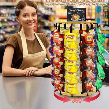 Cross-Border Snack Display Stand, Wooden Supermarket Potato Chip Storage Rack with Blackboard, Rotatable Storage Shelf for Desktop Use