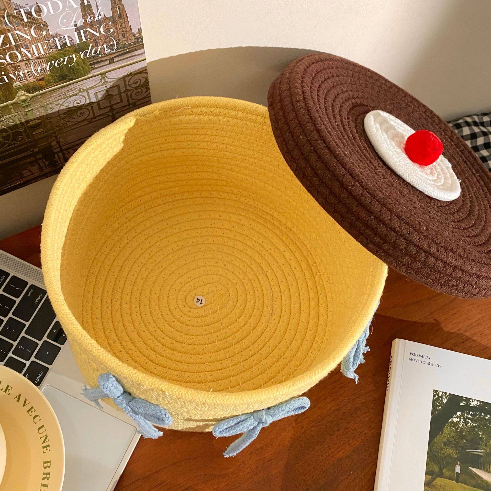 Cute Cotton Woven Storage Basket with Lid Dustproof Desktop Storage Basket Ornaments Storage Box Children's Toy Storage Basket