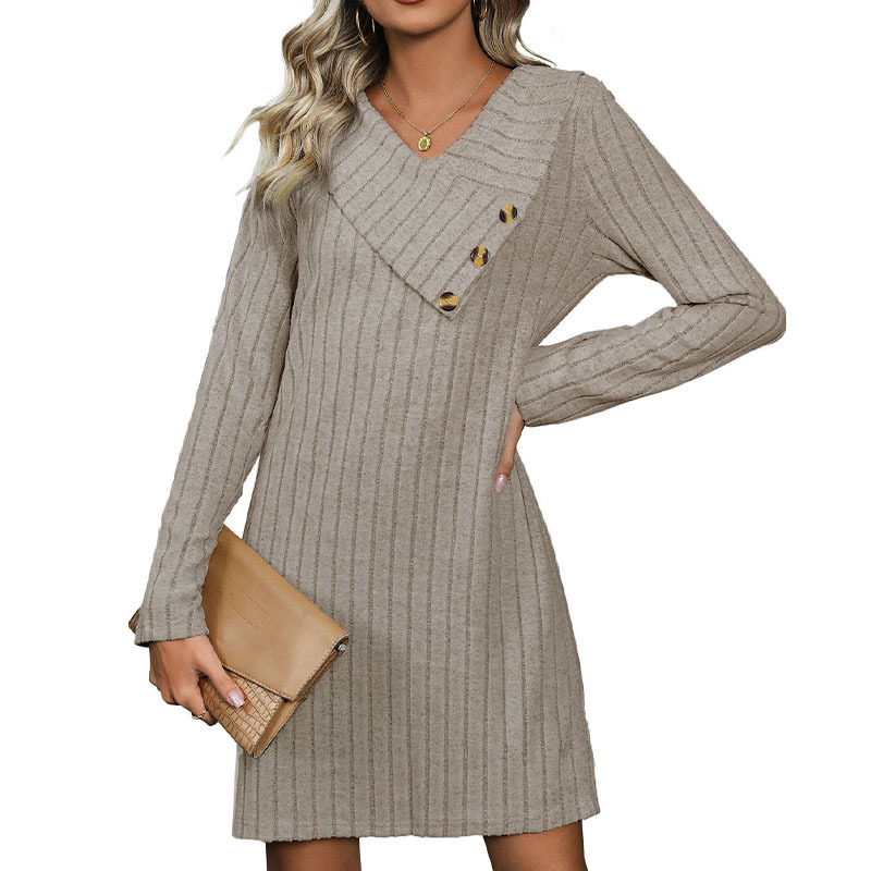 Knit Dress Autumn Collection Solid Color V Neck Ribbed Texture Casual Wear Wholesale Available
