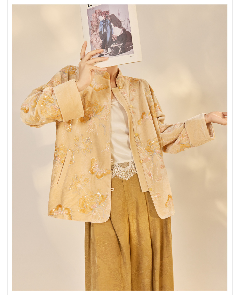 Áo khoác nữ cổ đứng dài tay thêu hoa đính kim sa phong cách retro — Màu cam mơ (giao hàng trong 7 ngày), Màu cam mơ (giao hàng trong ngày)