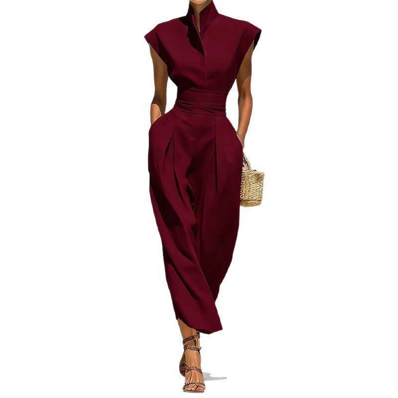 Womens Spring Dress Elegant Solid Color Waist Defining Flutter Sleeves Perfect for Casual or Formal Occasions