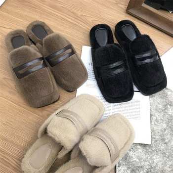 Korean Style Gentle Plush Fleece-Lined Half Slippers for Women to Wear Outside 2025 Autumn and Winter New Lazy Toe-Toe Plush Slippers