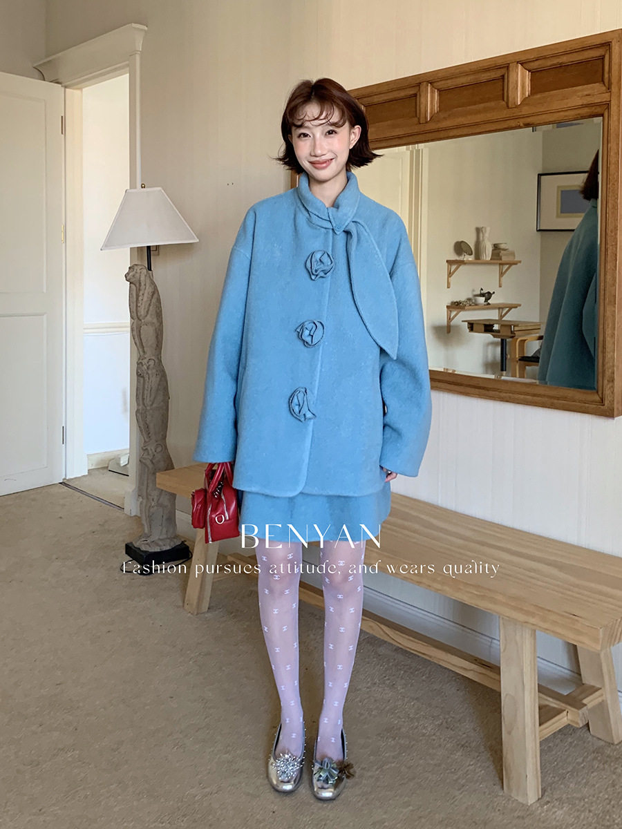 Benyan French Style Socialite Flower Decorated Woolen Outwear and Skirt Two-Piece Suit for Women 82658