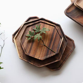 Solid Wood Plate Wooden Tray Household Round Octagonal Dinner Plate Fruit Snack Breakfast Plate Acacia Wood Sushi Presentation Plate