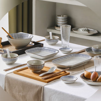 Dishes and Chopsticks Set Household Japanese-Style Dishes and Plates Combination Ceramic Underglaze Color Tableware Spoon White Porcelain Accessible Luxury Retro