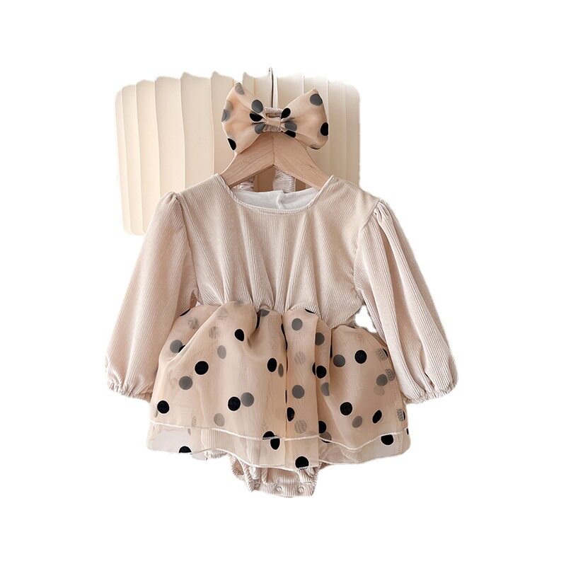 2026 Autumn Baby Clothes Sweet Organza Romper for Girls New Polka Dot Triangle Crawling Suit with Socks