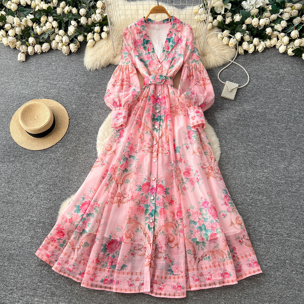 Floral Print Bell Sleeve Dress Long Sleeve Waist Tie A Line Silhouette Elegant Vacation Style Wholesale Available