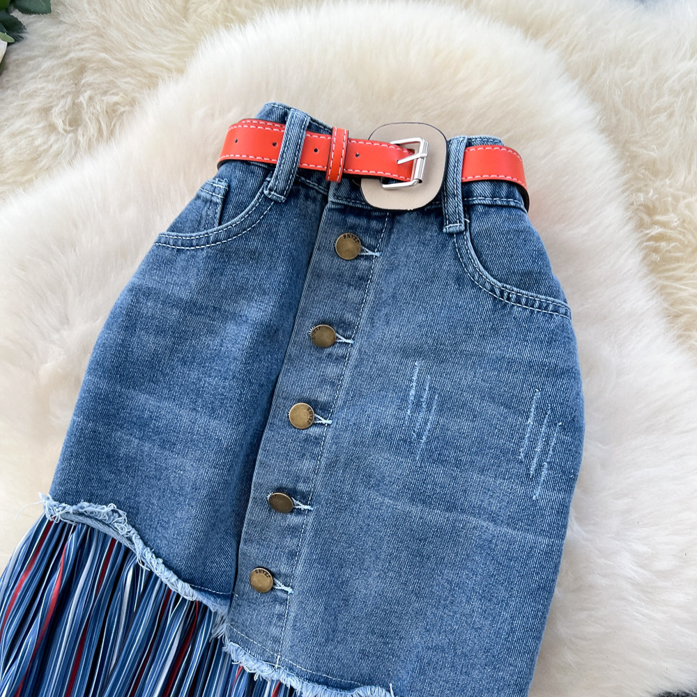 Korean Style Color Block Striped Denim Midi Skirt High Waist A Line Slim Fit Versatile for Work and Casual Wear