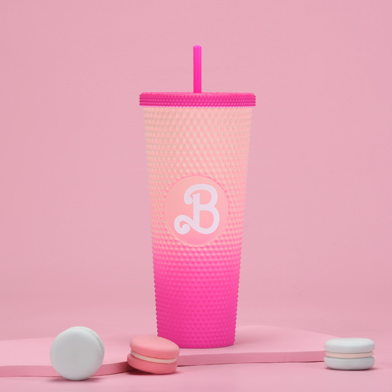 双层塑料吸管杯710ml大容量创意吸管杯扎手杯榴莲杯便携钻石杯