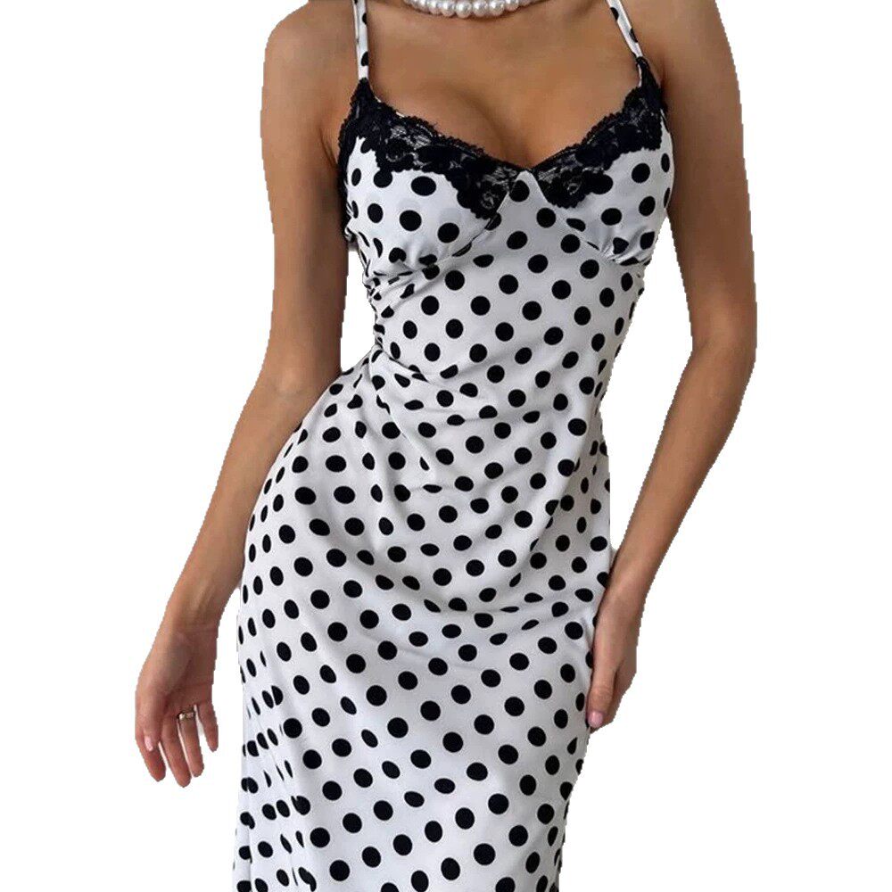 Summer Sleeveless Dress Elegant Polka Dot Print Lace Panel V Neck Slim Fit Side Slit Perfect for Parties or