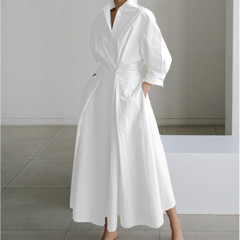 Plus Size Fashionable Polo Collar Dress Loose Fit Three Quarter Sleeves Flared Hem Ideal for Commuting Wholesale