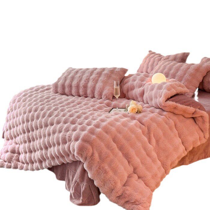 Solid Color Milk Velvet Bubble Velvet Four-Piece Set, Colorful Rabbit Velvet Rabbit Fur Bedding Four-Piece Set, Suitable for All Seasons