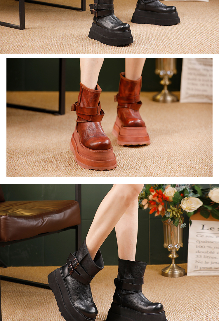 Boot nữ cổ trung da bò thật đế dày tăng chiều cao khóa kéo bên — màu đen, màu nâu