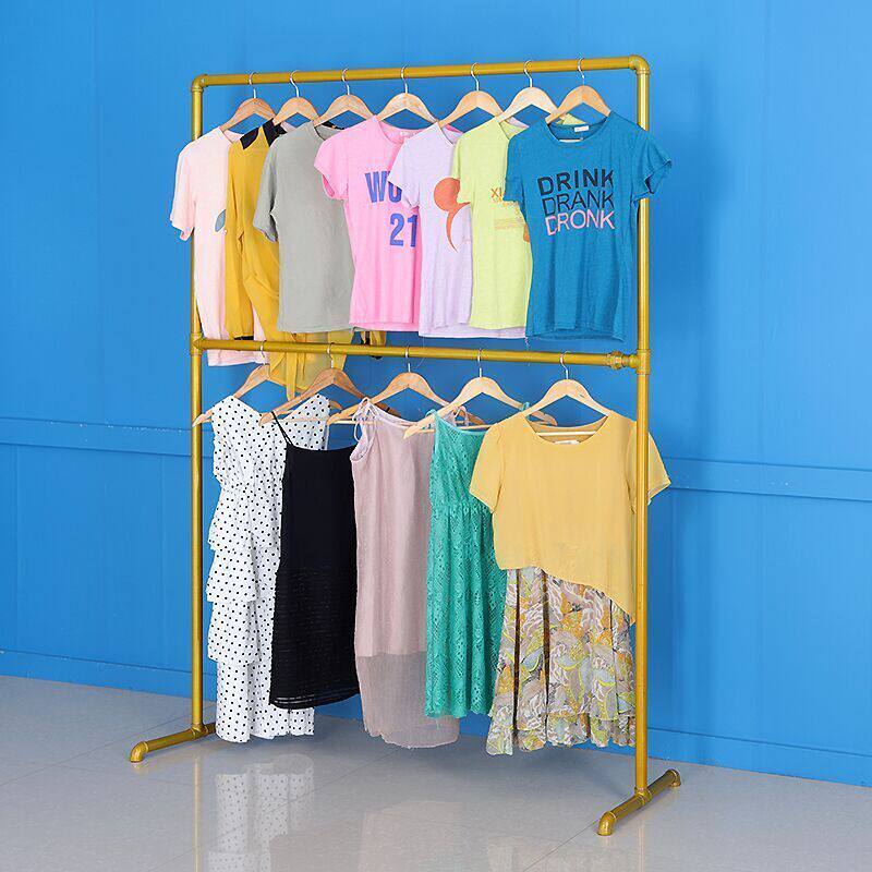Thickened Water Pipe Clothes Hanger Clothing Display Rack Double-Layer Iron Floor Rack Retro Gantry Rack Clothing Store Display Rack