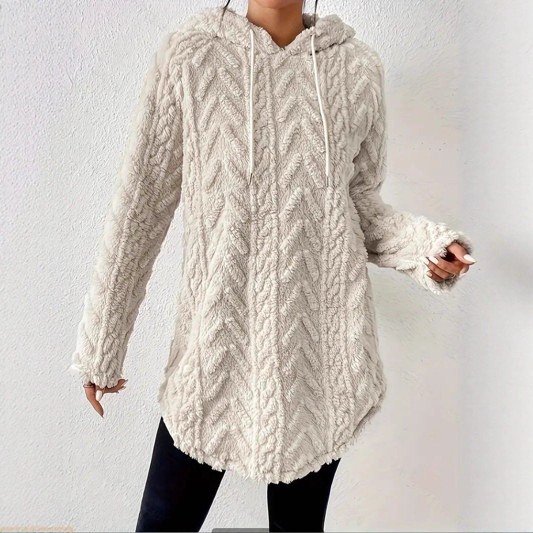 Hooded Long Sleeve Pullover Sweater Slim Fit Drawstring Plush Fabric Solid Color Fall Fashion for Women Wholesale