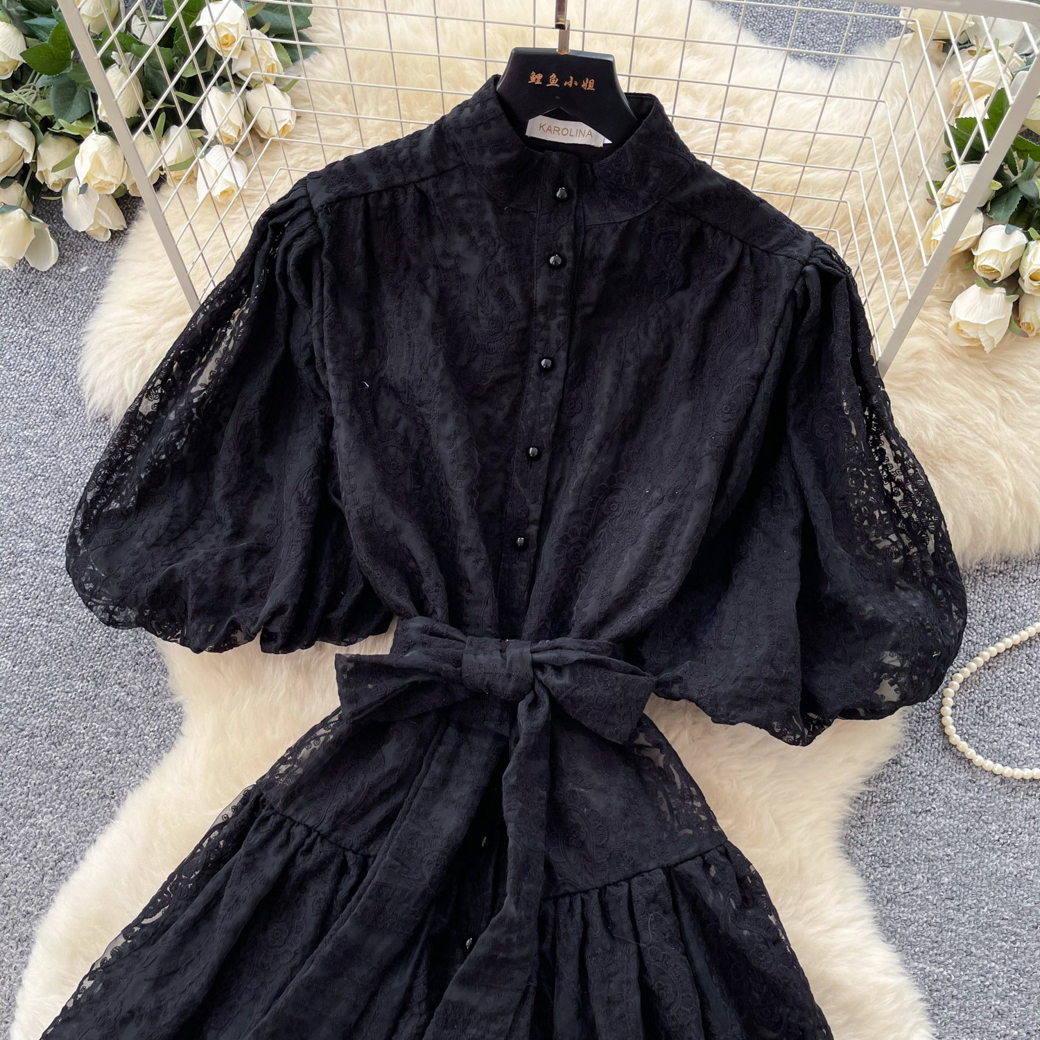 French Court Style Lantern Sleeve Lace Dress for Women V Neck Tie Waist A Line Silhouette Summer Elegant Occasion
