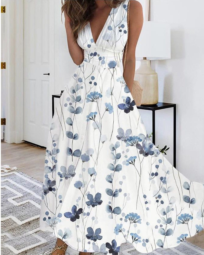 2023亚马逊欧美跨境女装夏季新款V领高腰无袖印花性感背心连衣裙