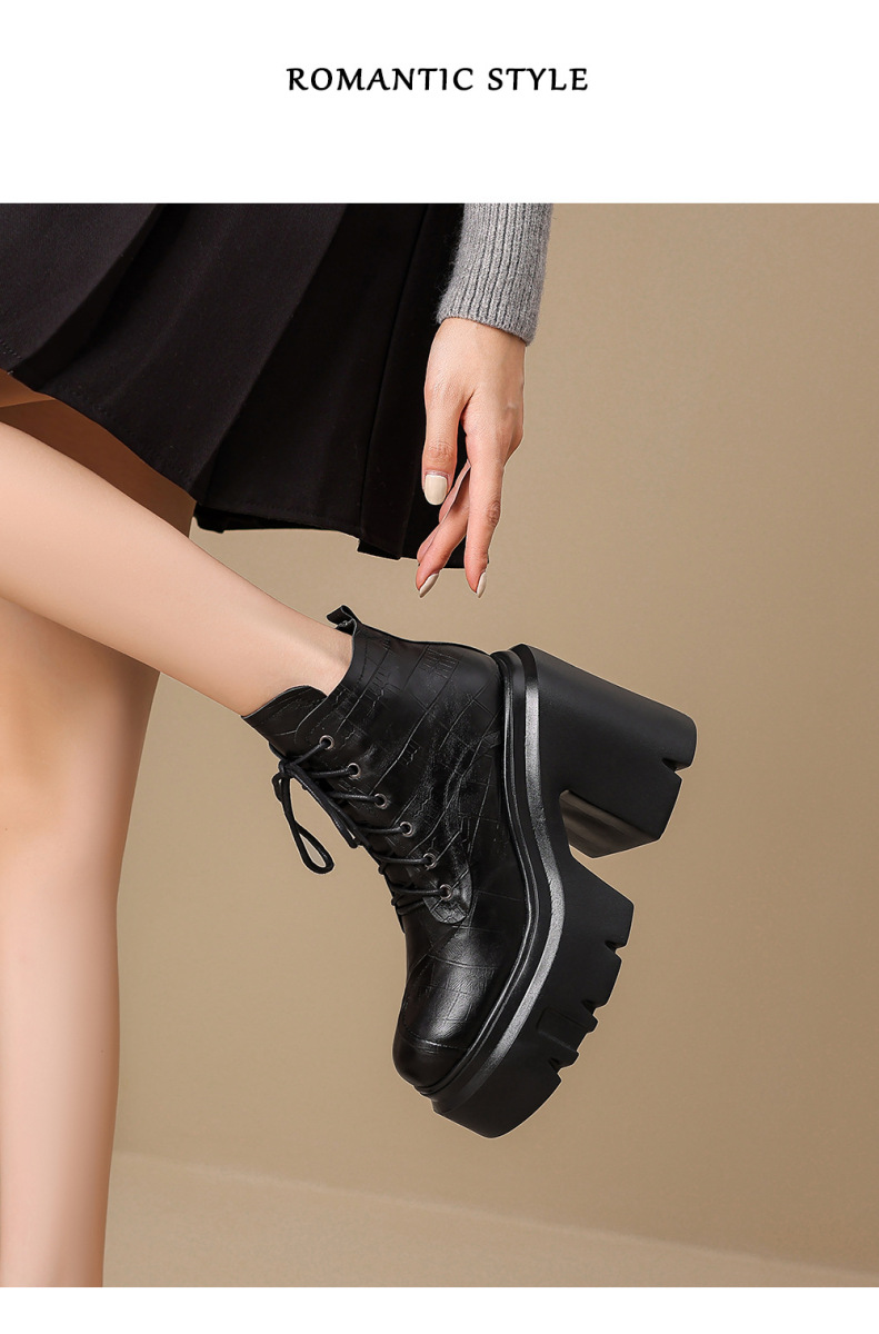Boot Martin nữ da bò thật tăng chiều cao 12cm gót thô đế dày cổ ngắn — Lớp lót đơn màu đen, Lớp lót đơn màu nâu, Lót nhung đen, Lót nhung màu nâu