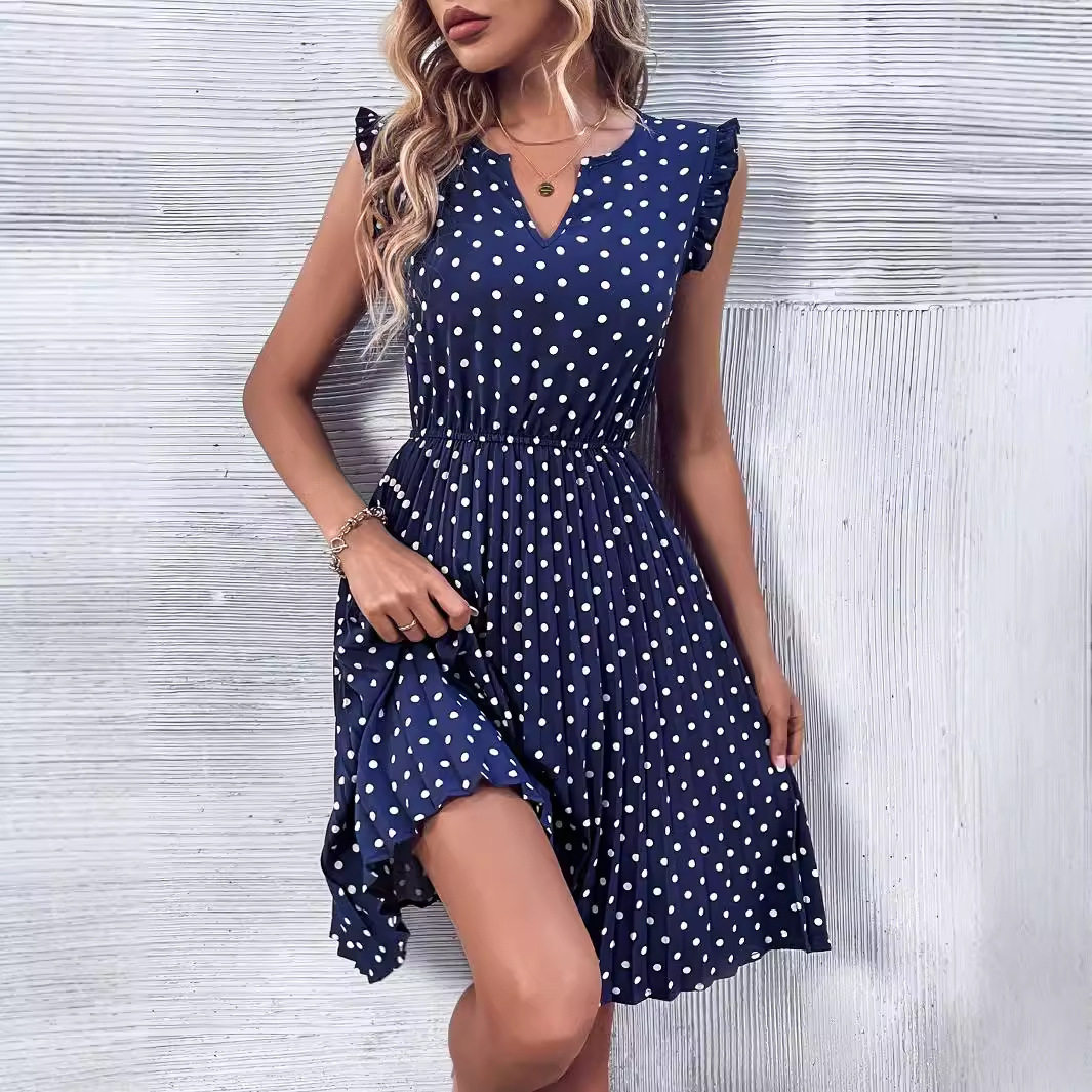 Polka Dot Ruffled Dress V Neck Short Sleeve Lightweight Fabric Casual Summer Wear Wholesale Available