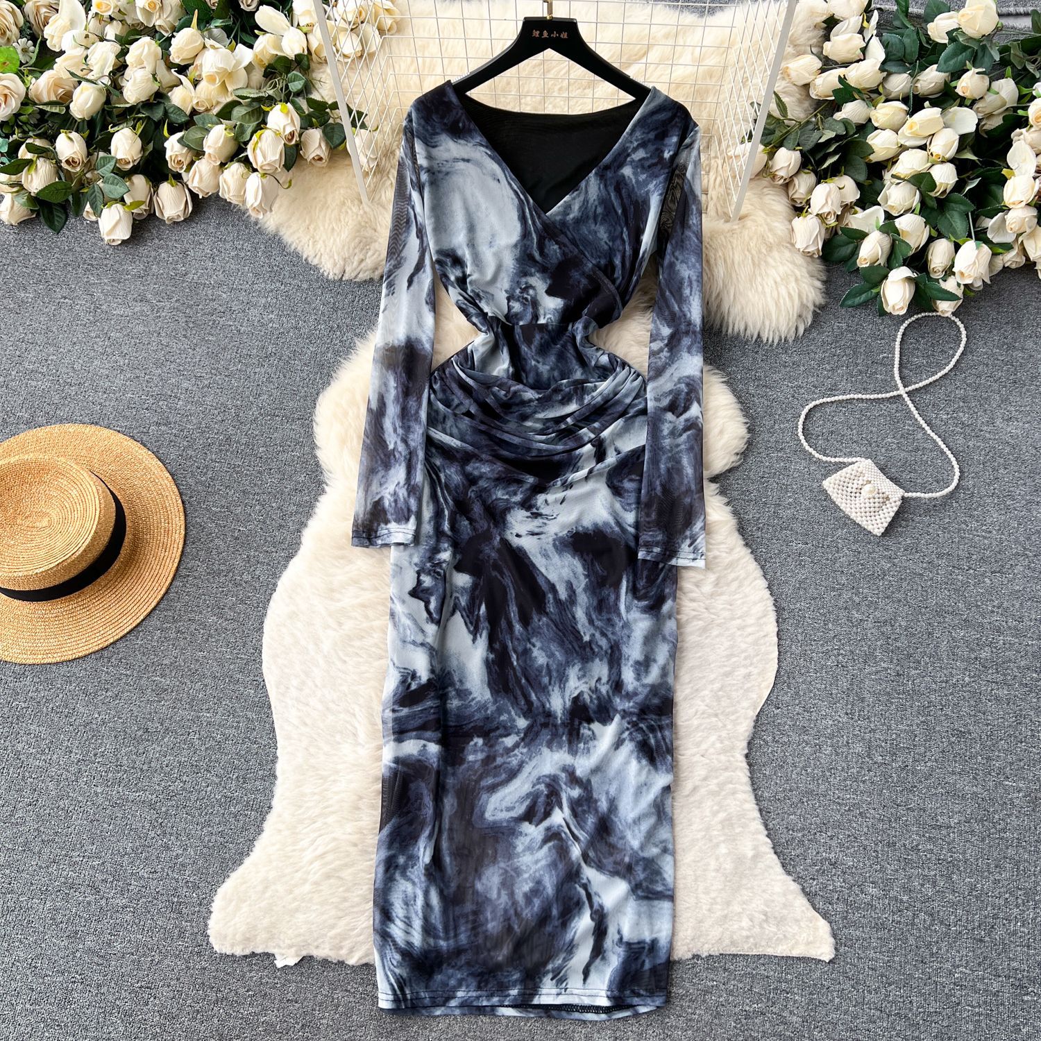 French Style Long Sleeve V Neck Gradient Print Mesh Dress Slim Fit Bodycon Lightweight Autumn Wear Wholesale