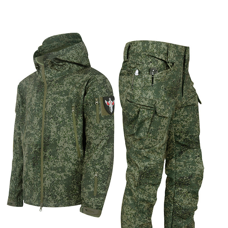 Cross-Border Autumn and Winter Outdoor Sharkskin Jacket Plus Velvet Warm Soft Shell Camouflage Windbreaker Hunting Suit