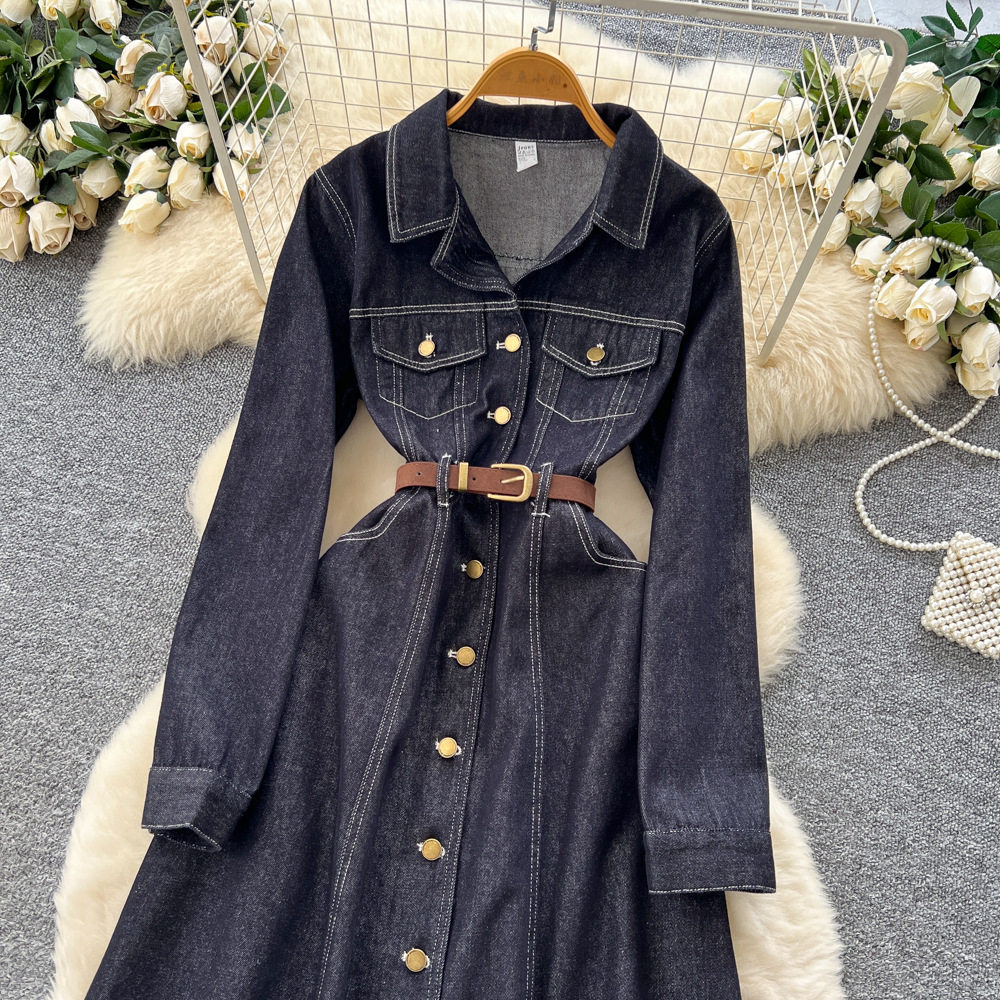 Vintage Inspired Denim Dress Long Sleeve Metal Button Waist Tie Elegant Fit Perfect for Casual Outings Wholesale