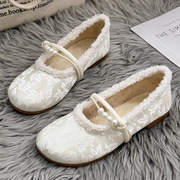 New Chinese Style Cheongsam Shoes, Mary Jane Women's Shoes with Skirts, French Velvet Single Shoes, Women's Furry Shoes, Women's