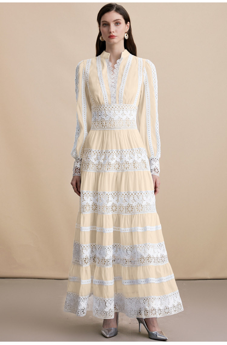 Elegant V Neck Lantern Sleeve Dress Stunning Lace Paneling Waist Defining Autumn Fashion Wholesale Available
