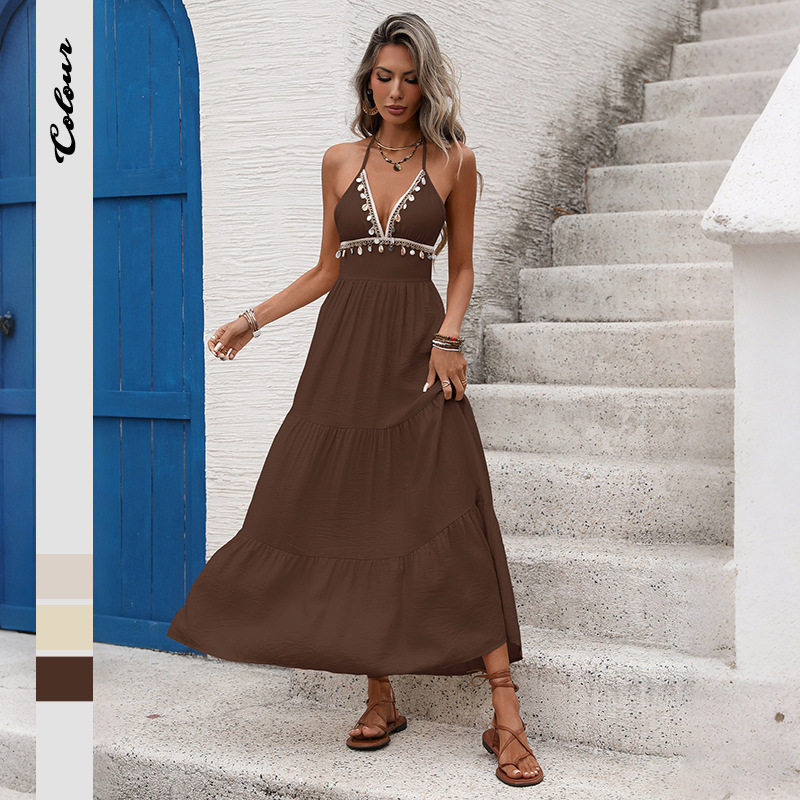 Shell Decorated Backless Cake Dress Beach Vacation Style Lightweight Fabric Summer Wear Wholesale Available